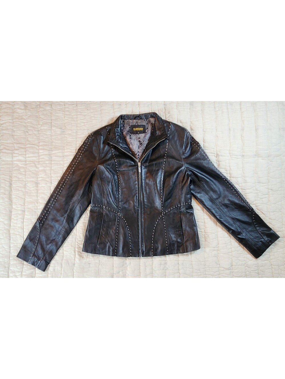 VTG Georgiou Studio Black Leather Whipstitch Jacket S 10 Swirl Lining Excellent
